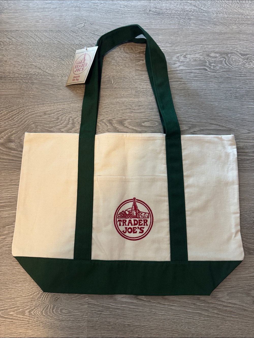 Trader Joe's Canvas Tote Bag in Cream with Dark Green Trim
